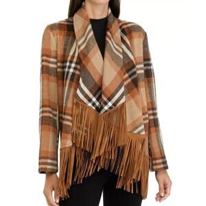 Cupio Women's Brown Plaid Open Front Blanket Jacket with Fringe Size Small